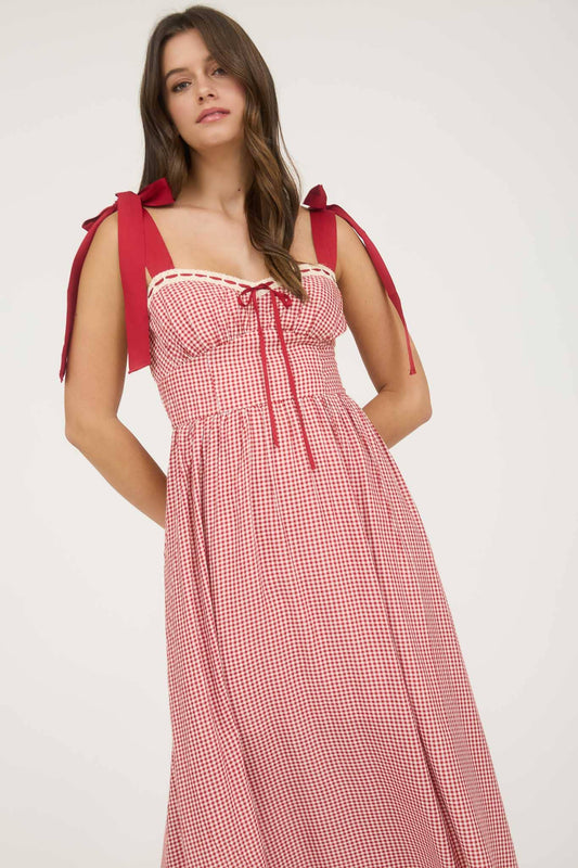 PLAID RIBBON TIE STRAP CORSET MIDI DRESS