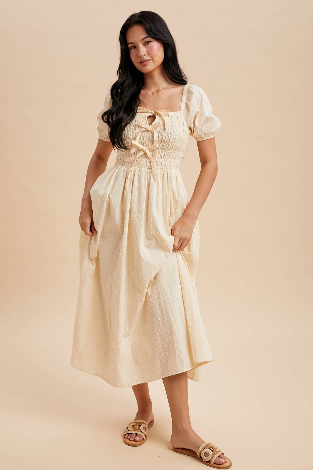SMOCKED BOW DETAIL MAXI DRESS
