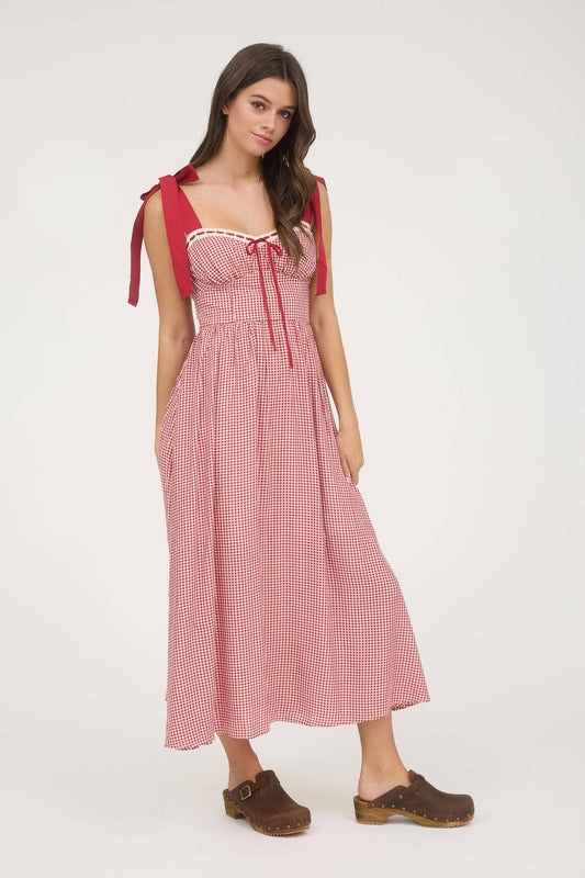 PLAID RIBBON TIE STRAP CORSET MIDI DRESS