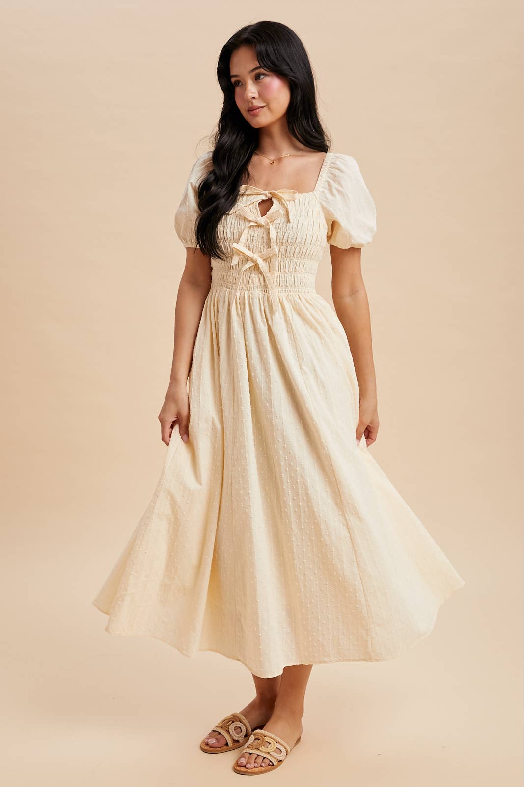 SMOCKED BOW DETAIL MAXI DRESS