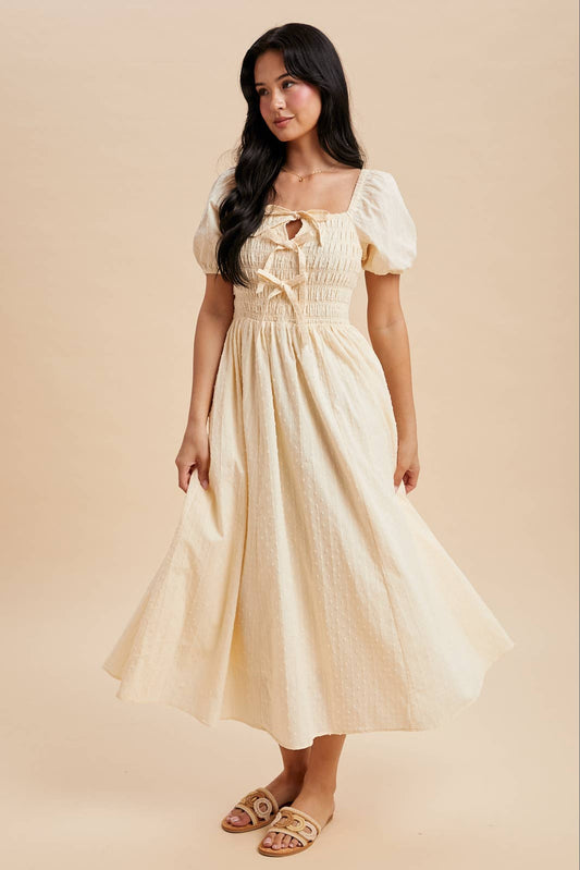 SMOCKED BOW DETAIL MAXI DRESS