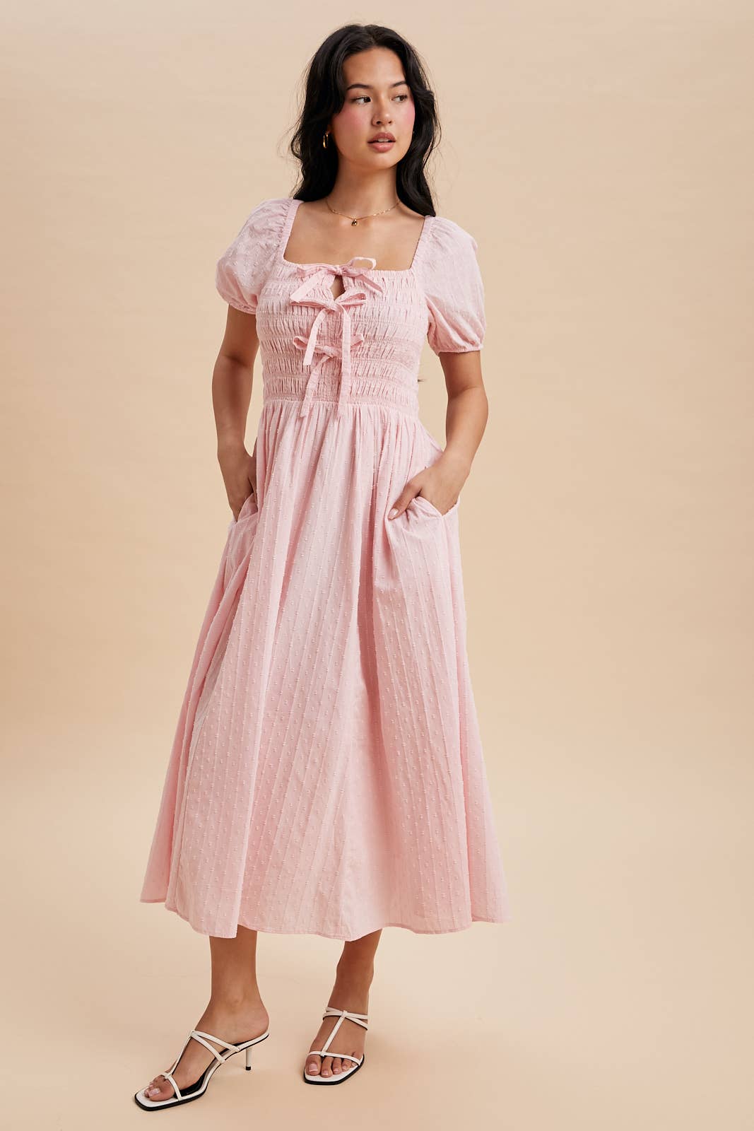 SMOCKED BOW DETAIL MAXI DRESS