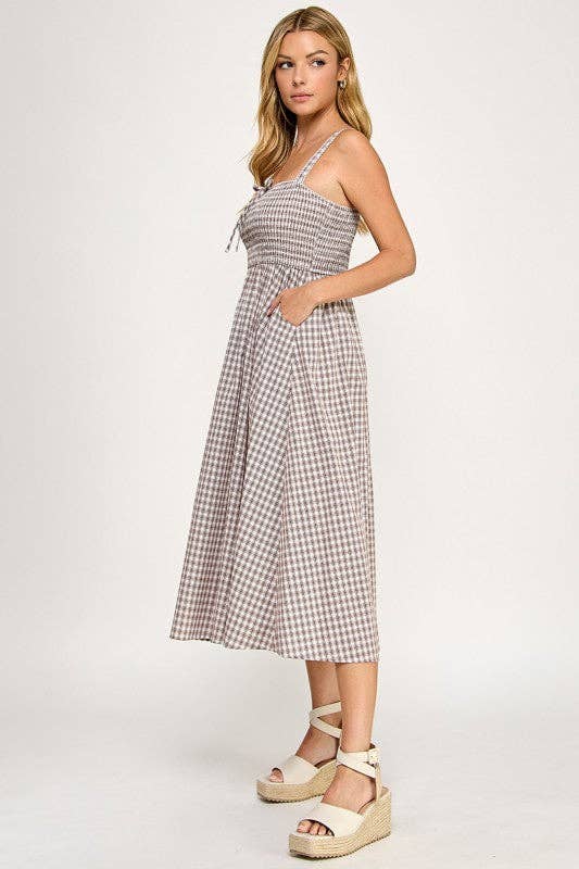 Smocked Gingham Midi Dress