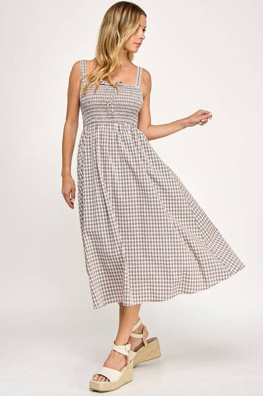 Smocked Gingham Midi Dress