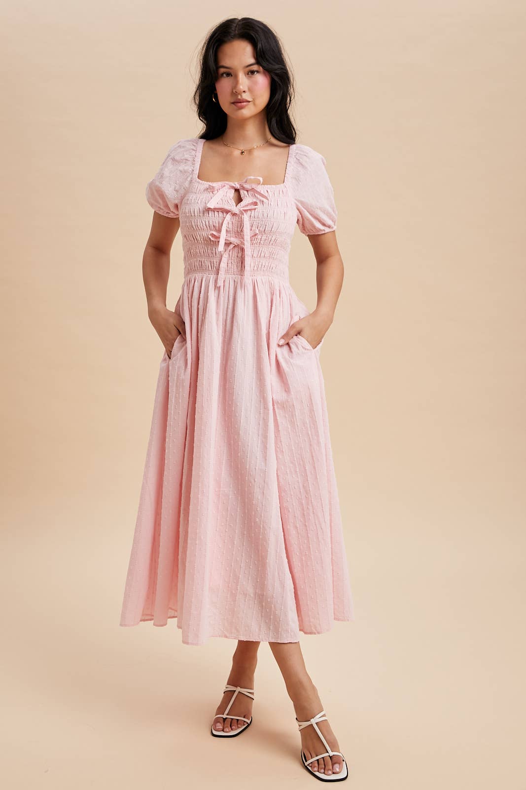 SMOCKED BOW DETAIL MAXI DRESS