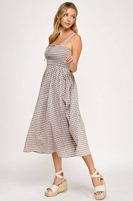 Smocked Gingham Midi Dress