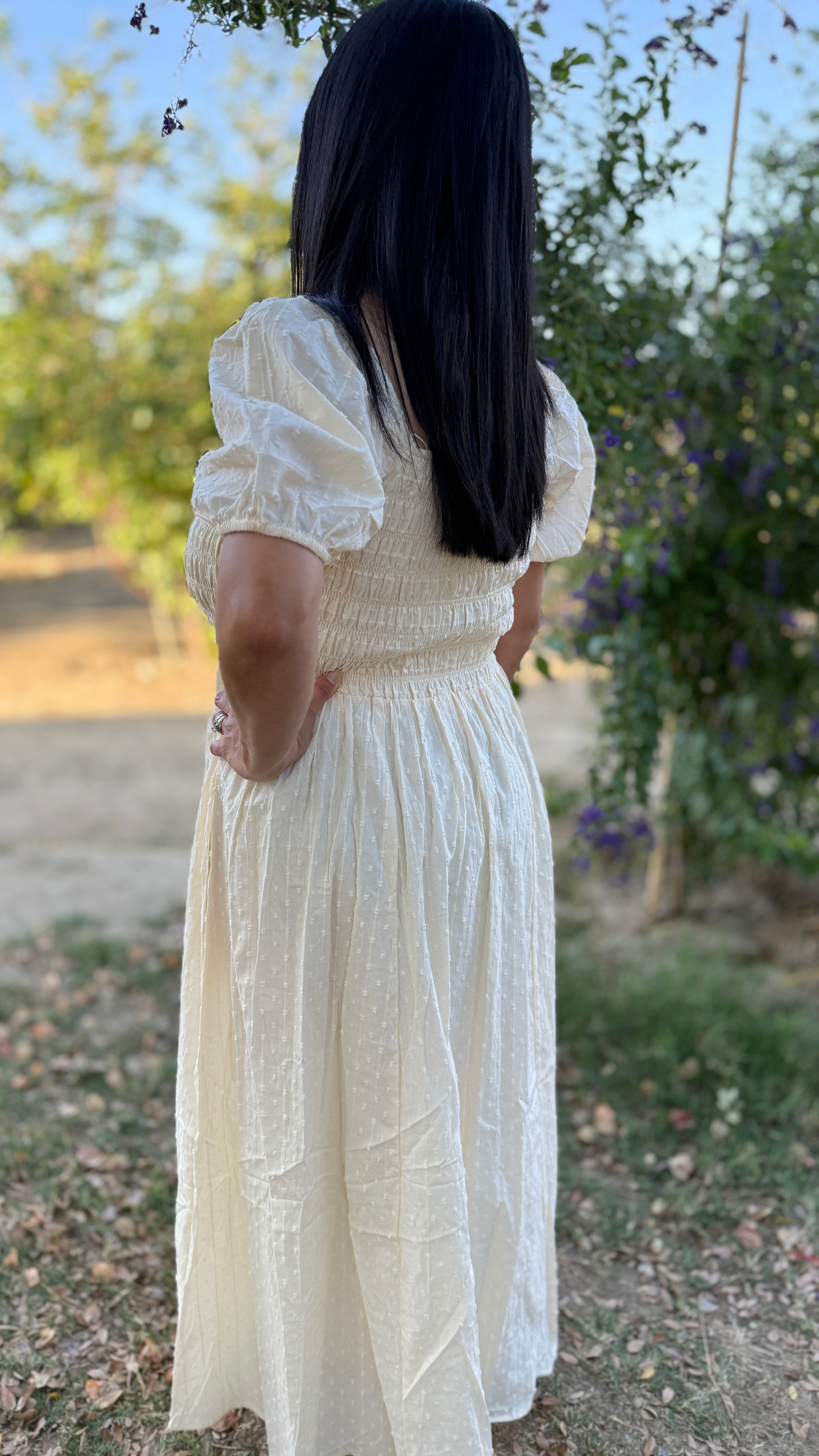 SMOCKED BOW DETAIL MAXI DRESS