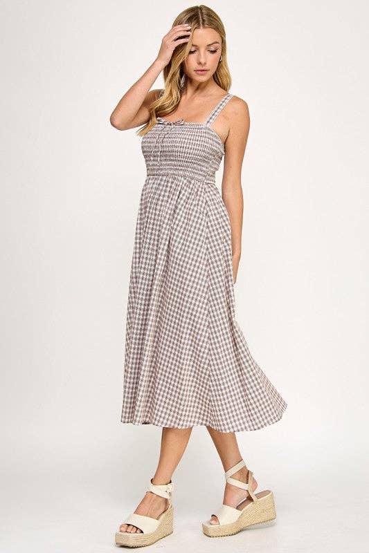 Smocked Gingham Midi Dress