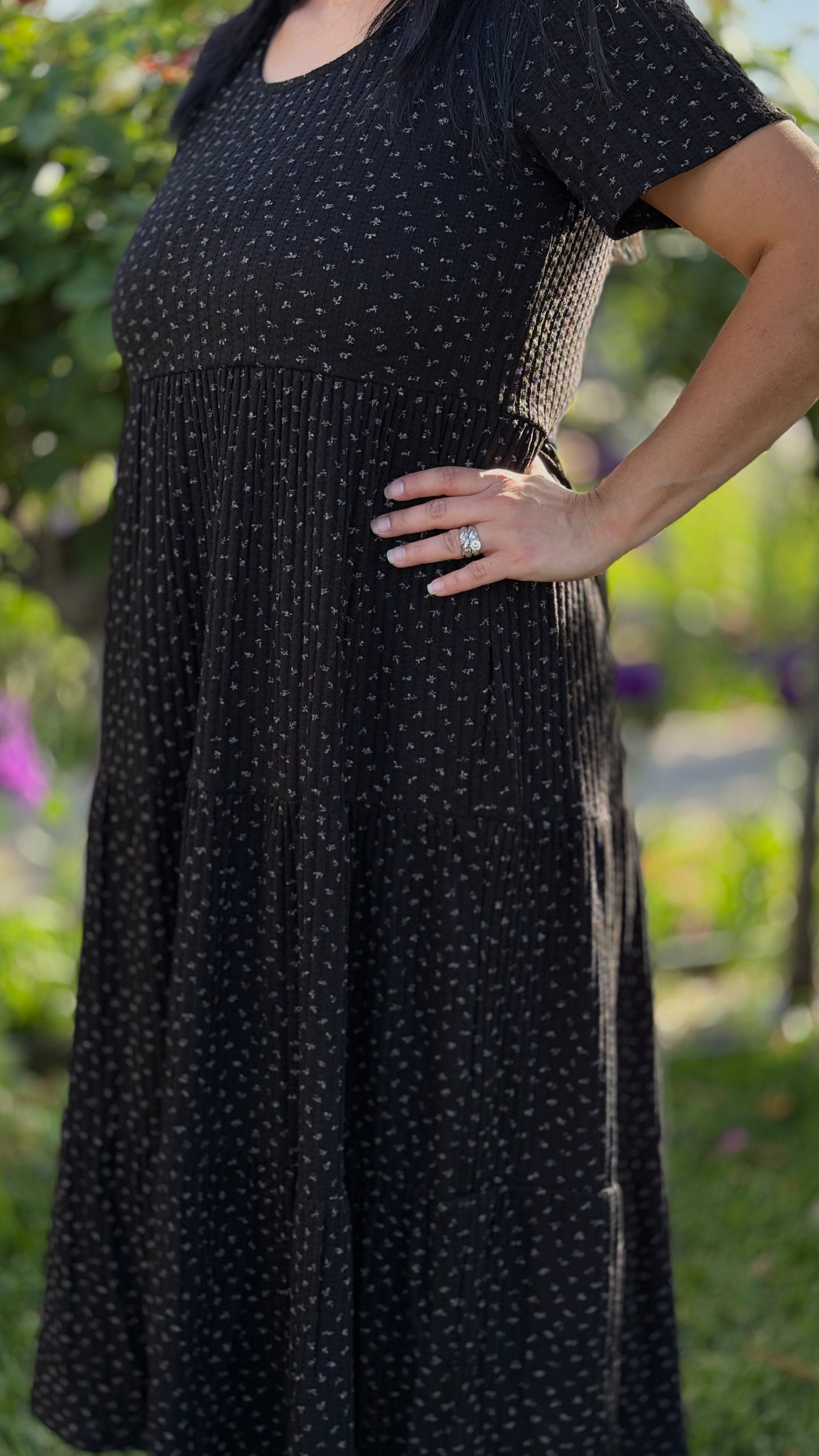 Melanie Black Floral Tiered Midi Dress
