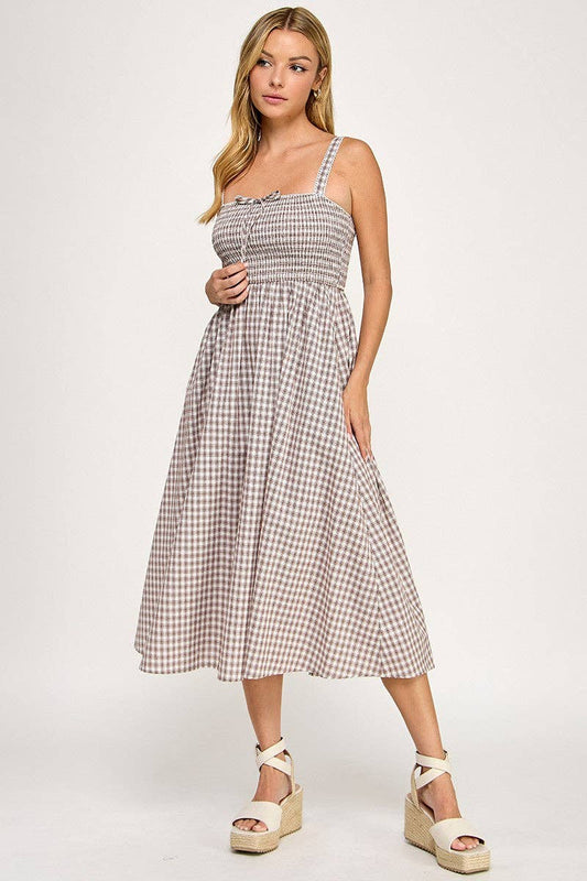 Smocked Gingham Midi Dress
