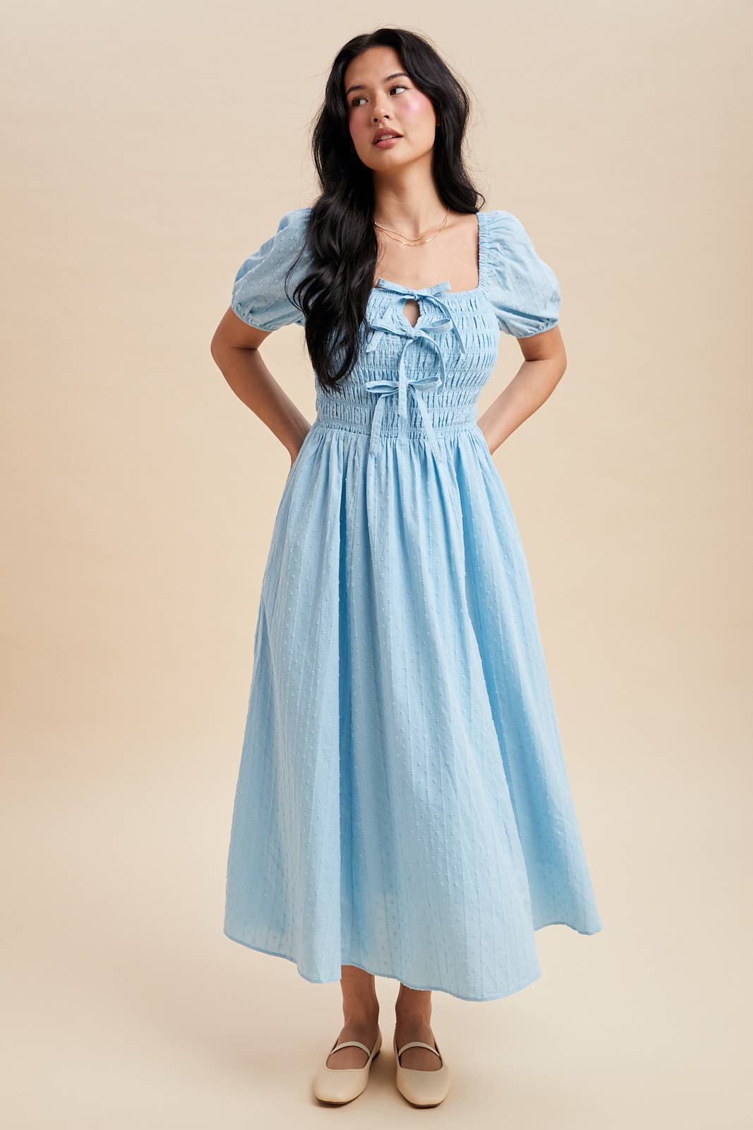 SMOCKED BOW DETAIL MAXI DRESS
