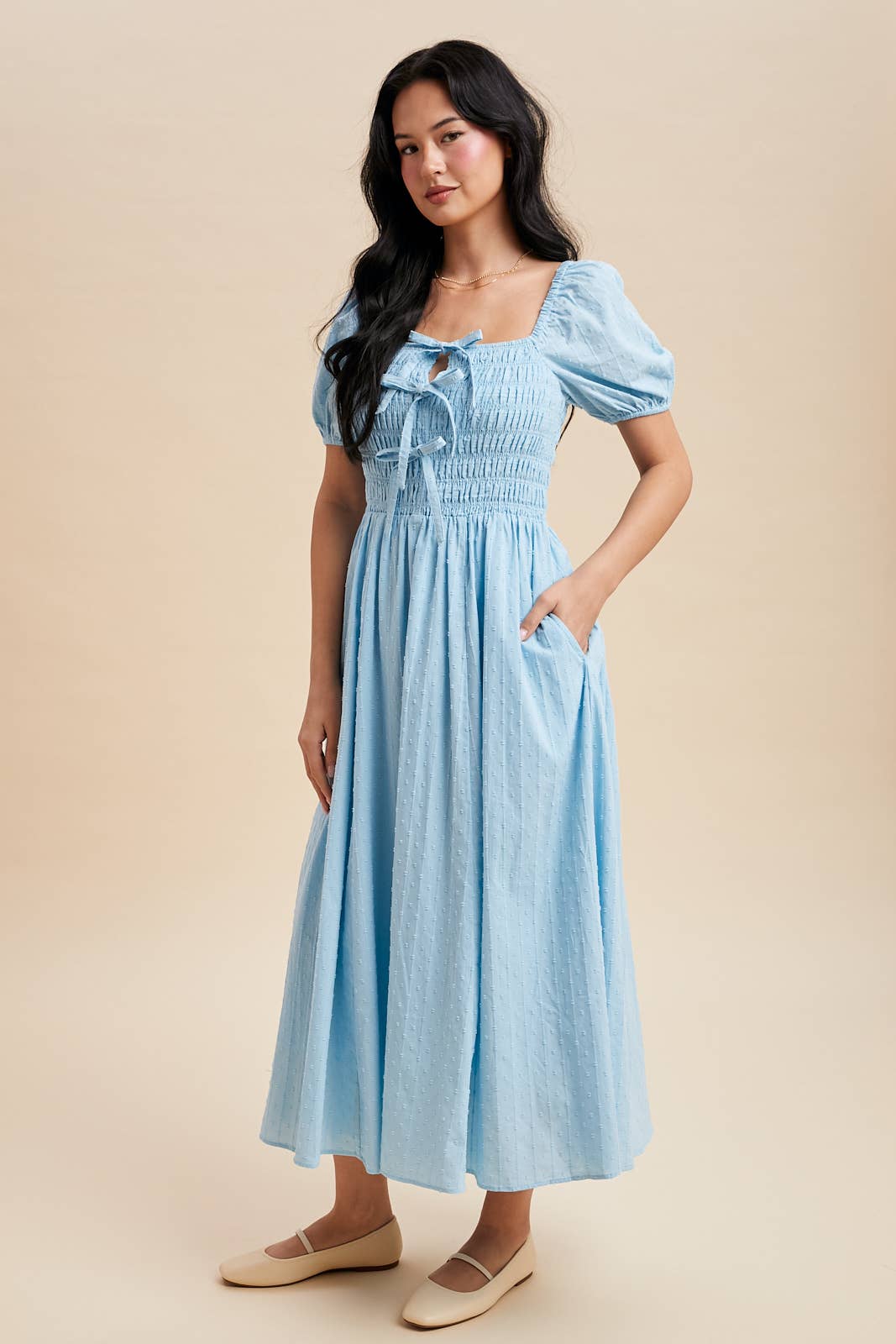 SMOCKED BOW DETAIL MAXI DRESS
