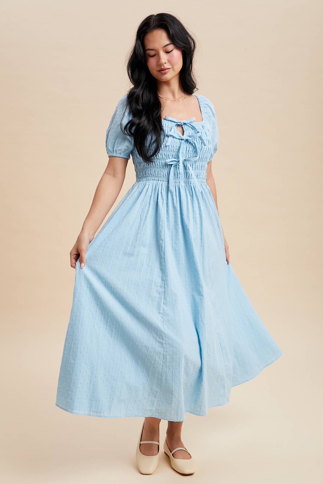 SMOCKED BOW DETAIL MAXI DRESS