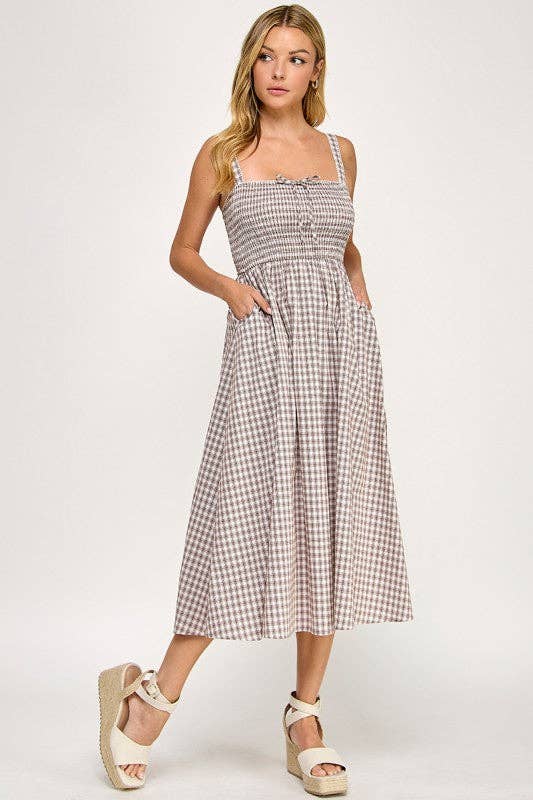 Smocked Gingham Midi Dress