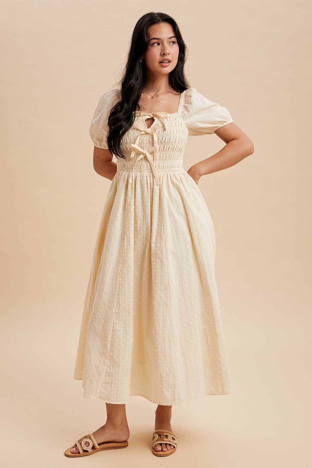 SMOCKED BOW DETAIL MAXI DRESS