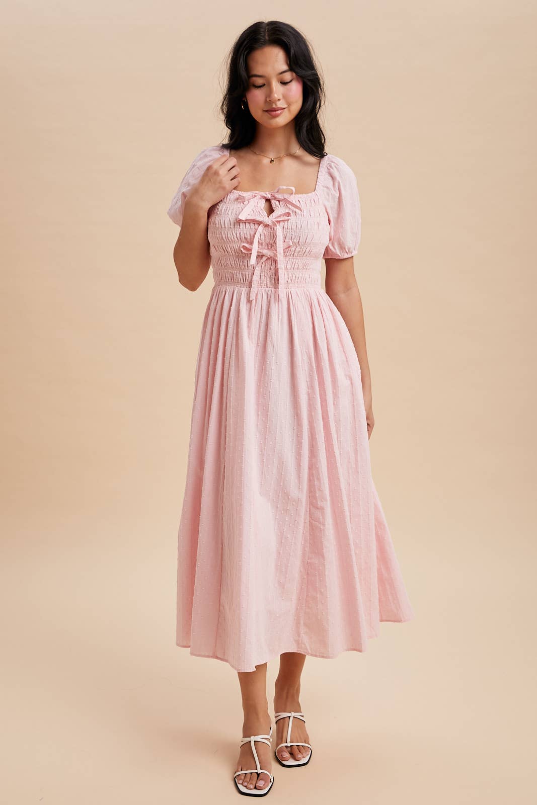 SMOCKED BOW DETAIL MAXI DRESS