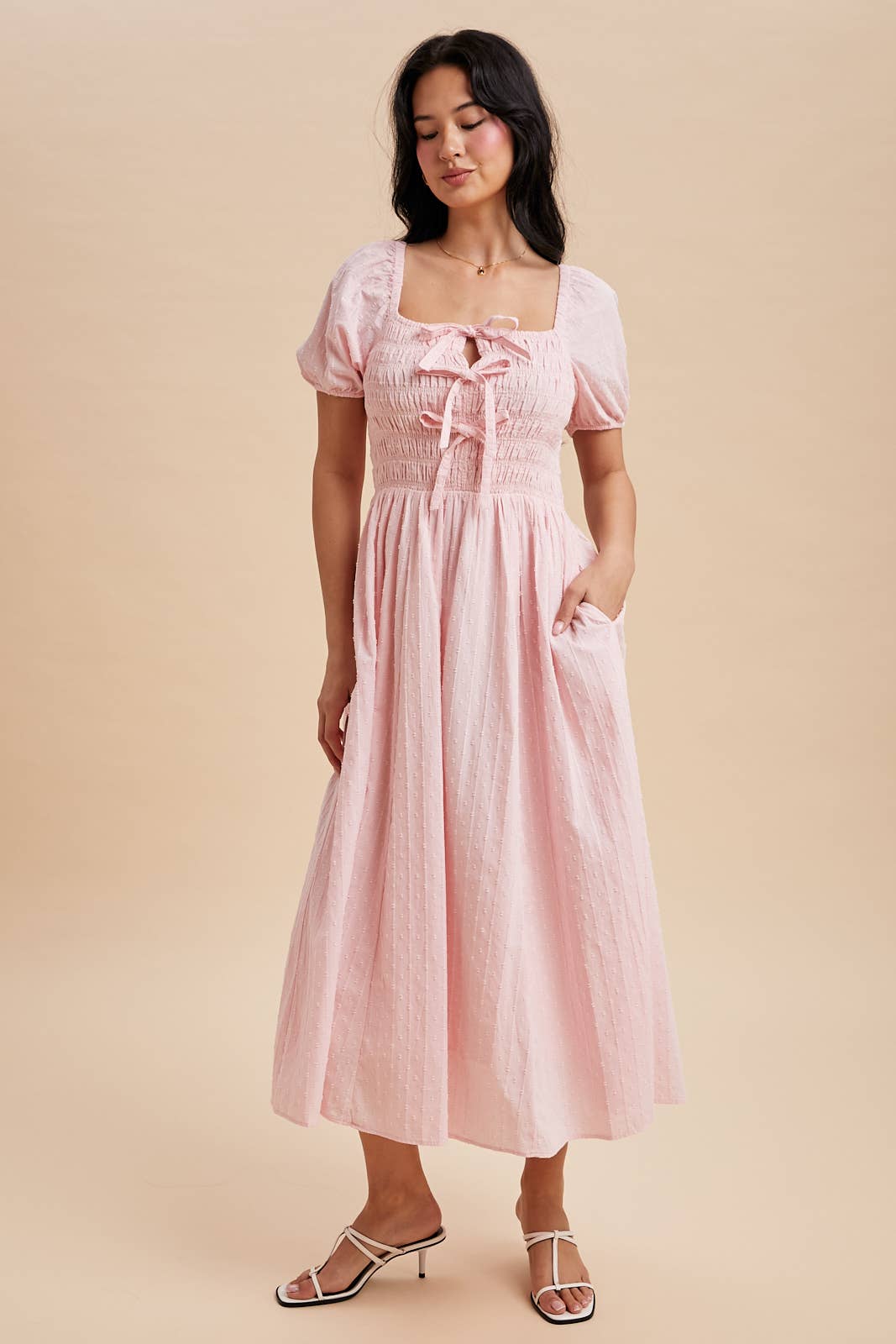 SMOCKED BOW DETAIL MAXI DRESS