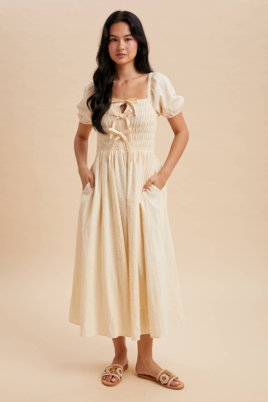 SMOCKED BOW DETAIL MAXI DRESS