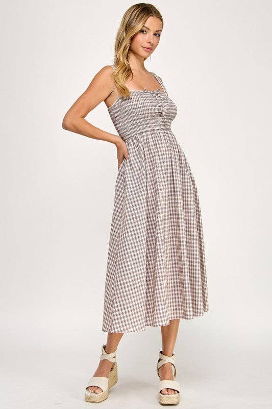 Smocked Gingham Midi Dress