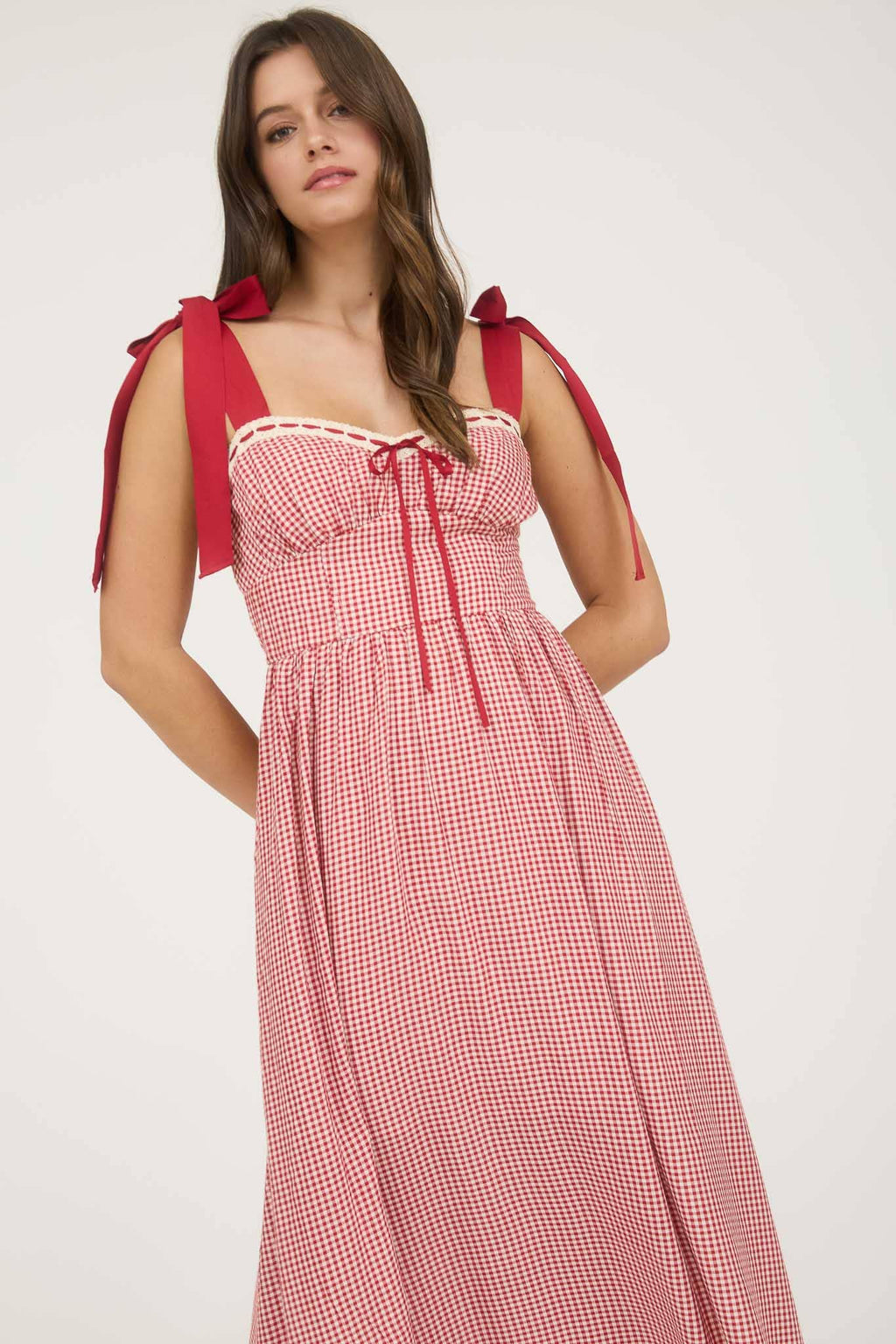 PLAID RIBBON TIE STRAP CORSET MIDI DRESS