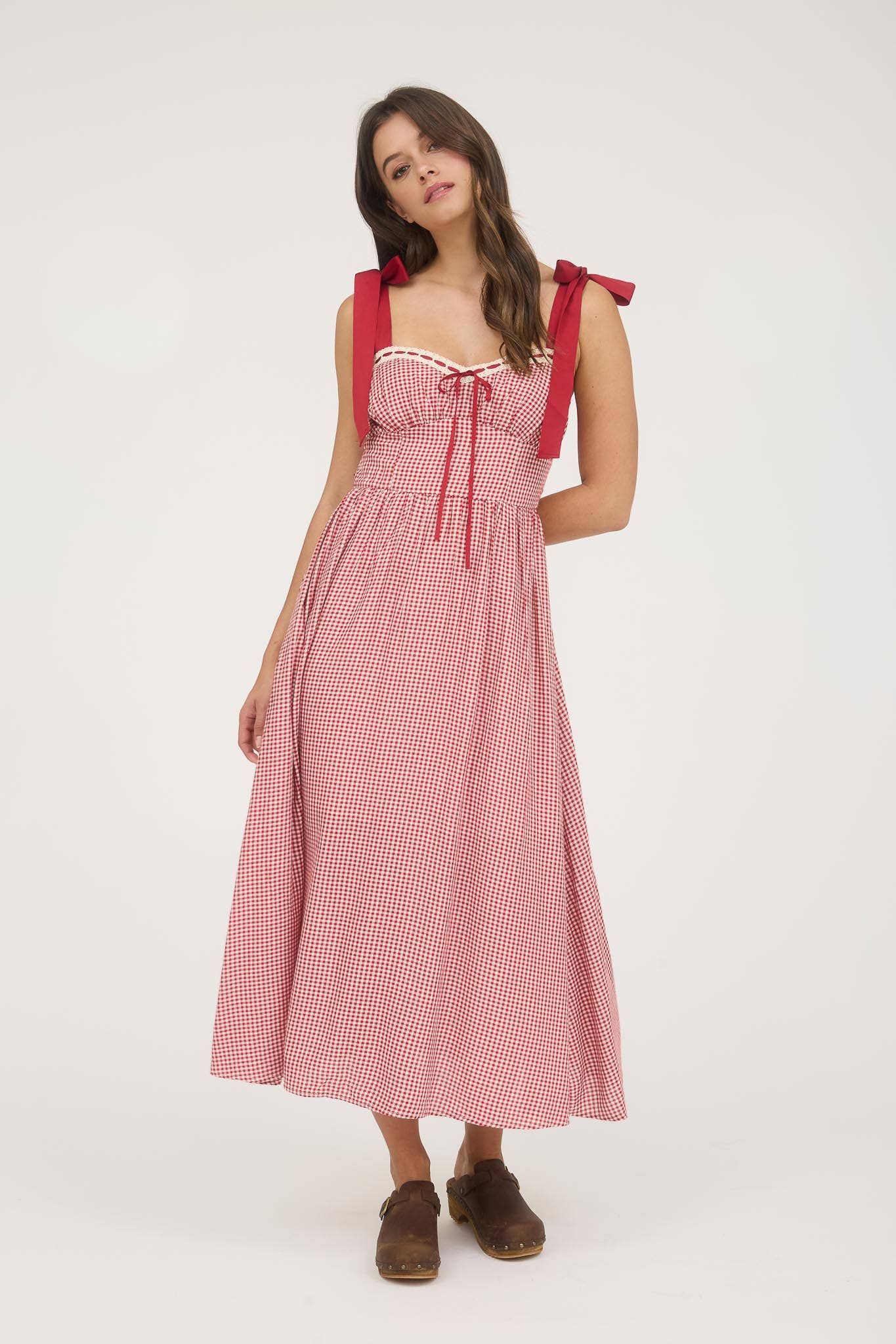 PLAID RIBBON TIE STRAP CORSET MIDI DRESS