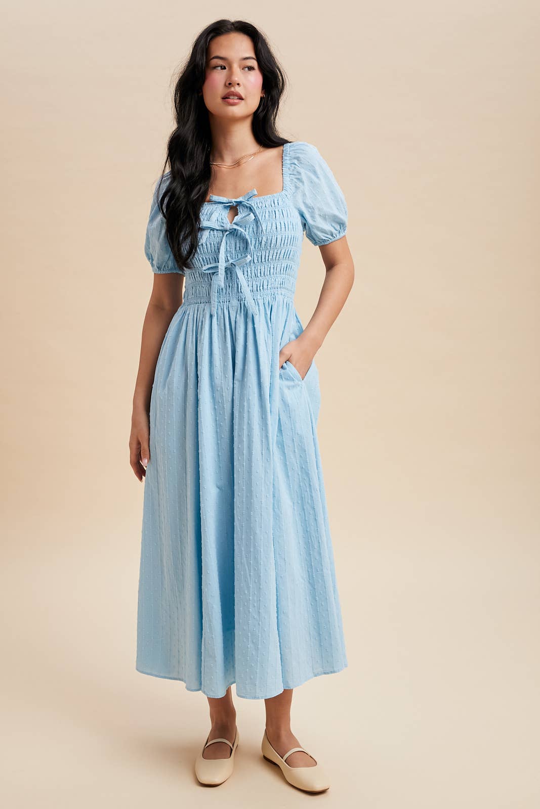 SMOCKED BOW DETAIL MAXI DRESS
