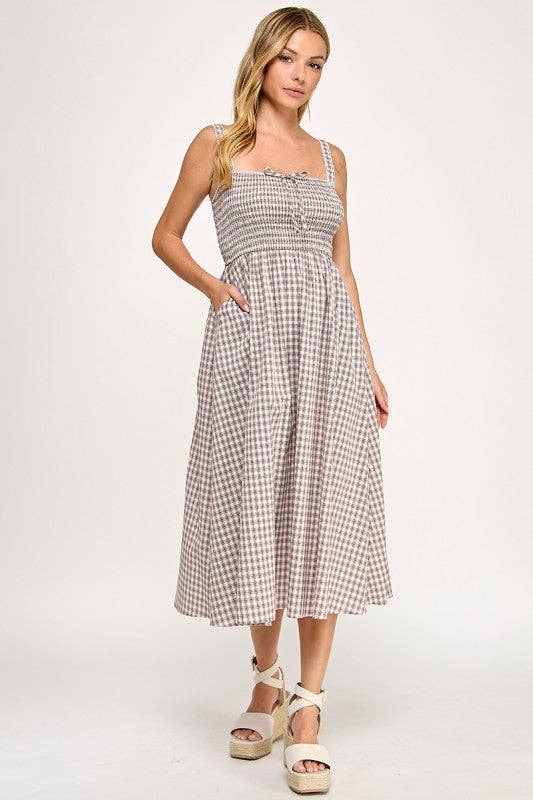 Smocked Gingham Midi Dress